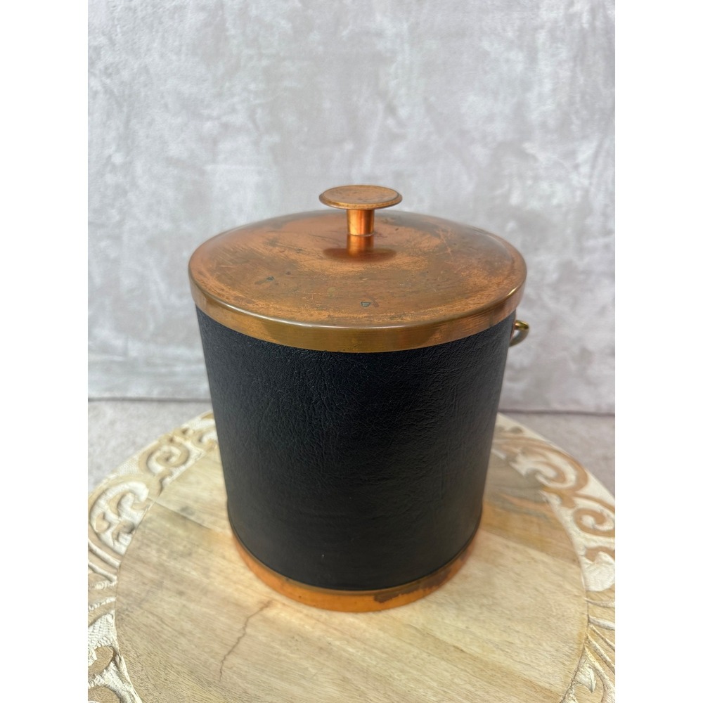Coppercraft Guild Vintage Copper Ice Bucket‎ Black Faux Leather MCM Barware USA